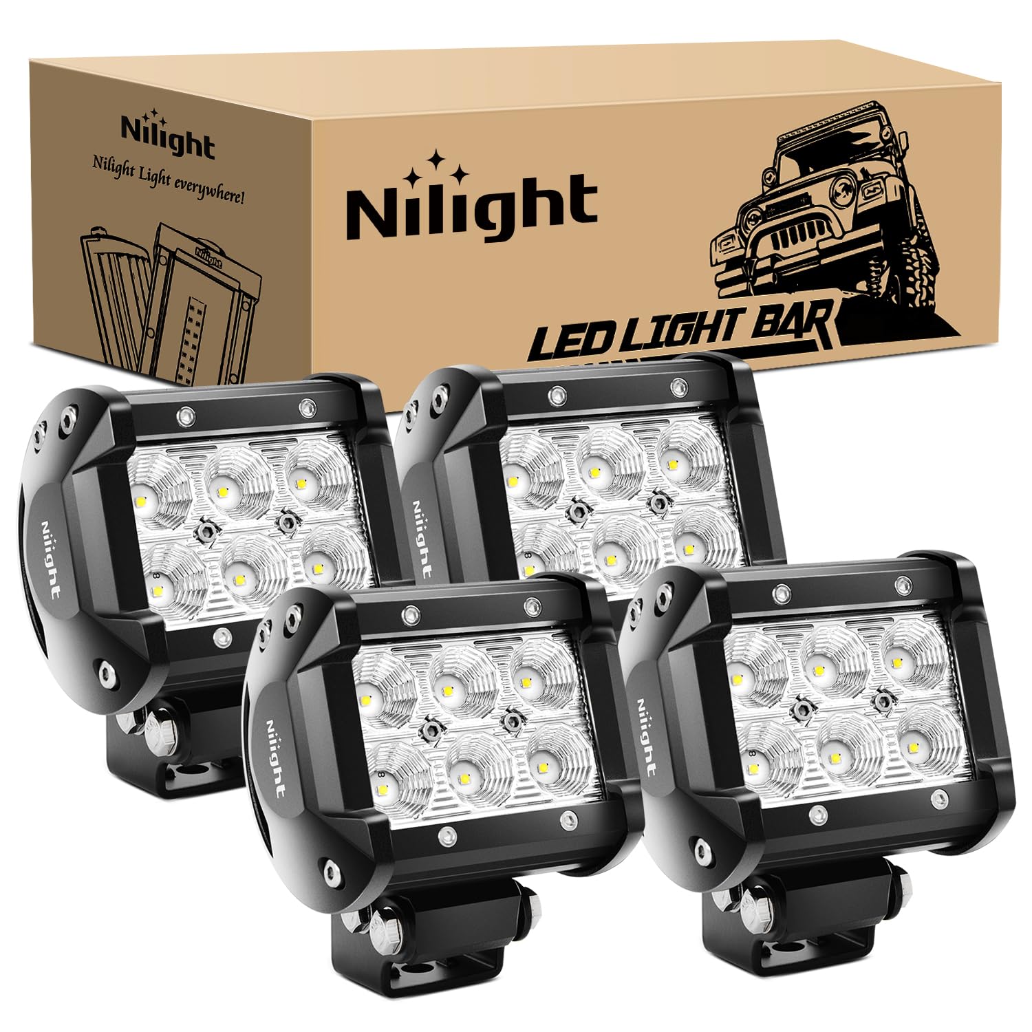 Nilight LED Pods front view showing bright flood beam for clear roadside visibility.