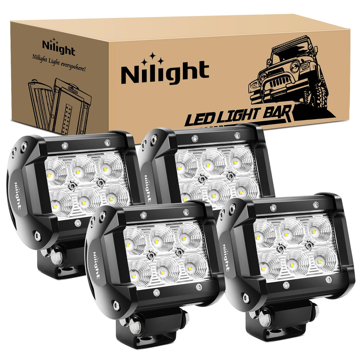 Nilight LED Pods front view showing bright flood beam for clear roadside visibility.