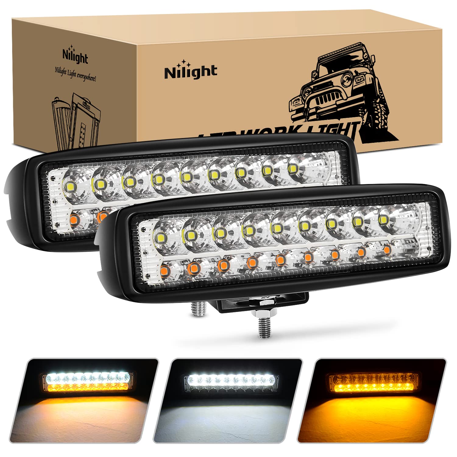 Nilight LED pods white-amber flood beam for wide night visibility.