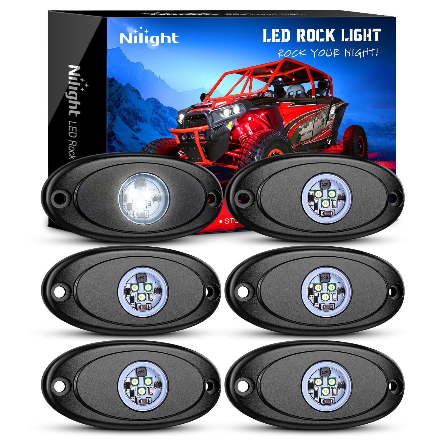 Nilight LED Rock Light 6pcs pods illuminate undercarriage for safer night driving.