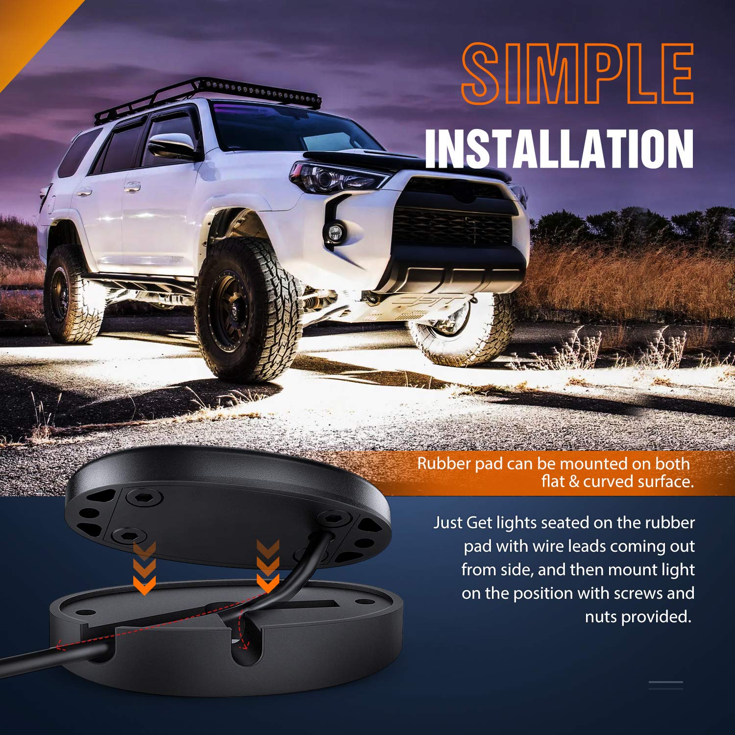 Nilight easy-install with rubber pads for curved surfaces.