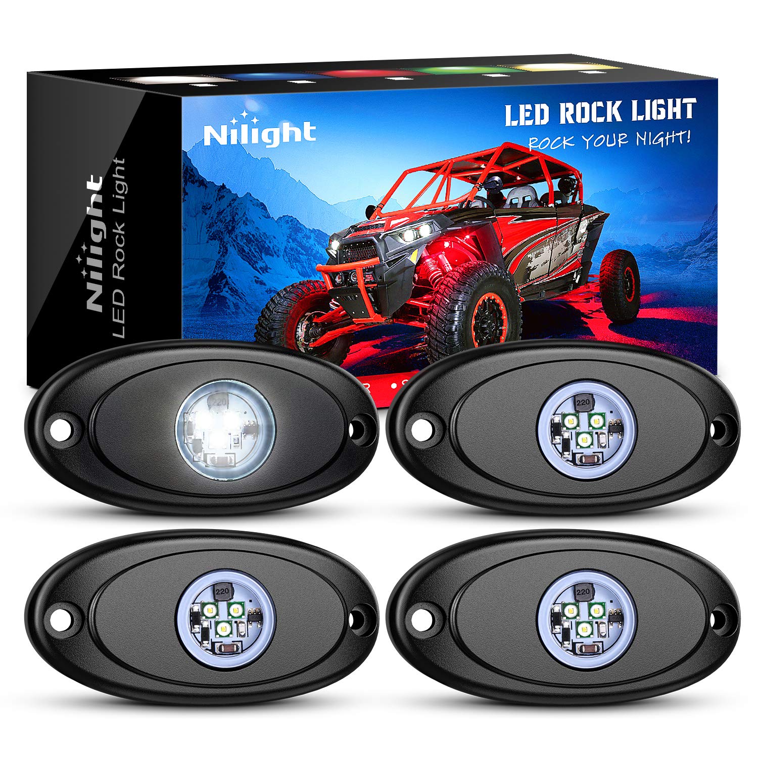 Nilight LED Rock Light underbody pod delivers bright, durable glow.