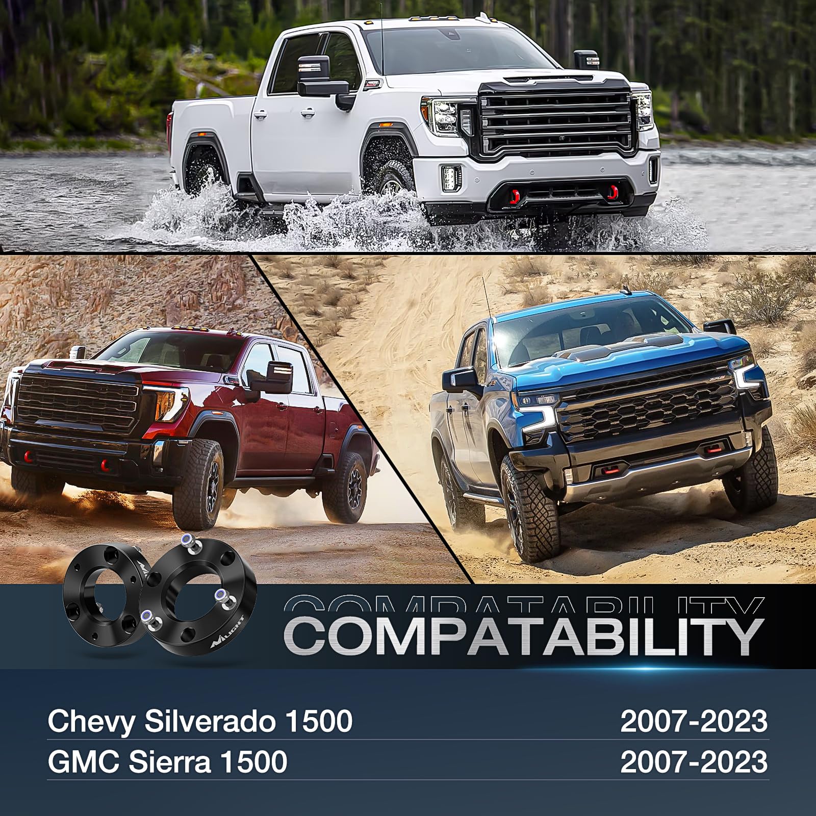 Nilight leveling kit installed on Silverado shows a leveled front stance