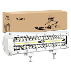 Nilight 12-inch marine LED light bar front view with broad boat illumination
