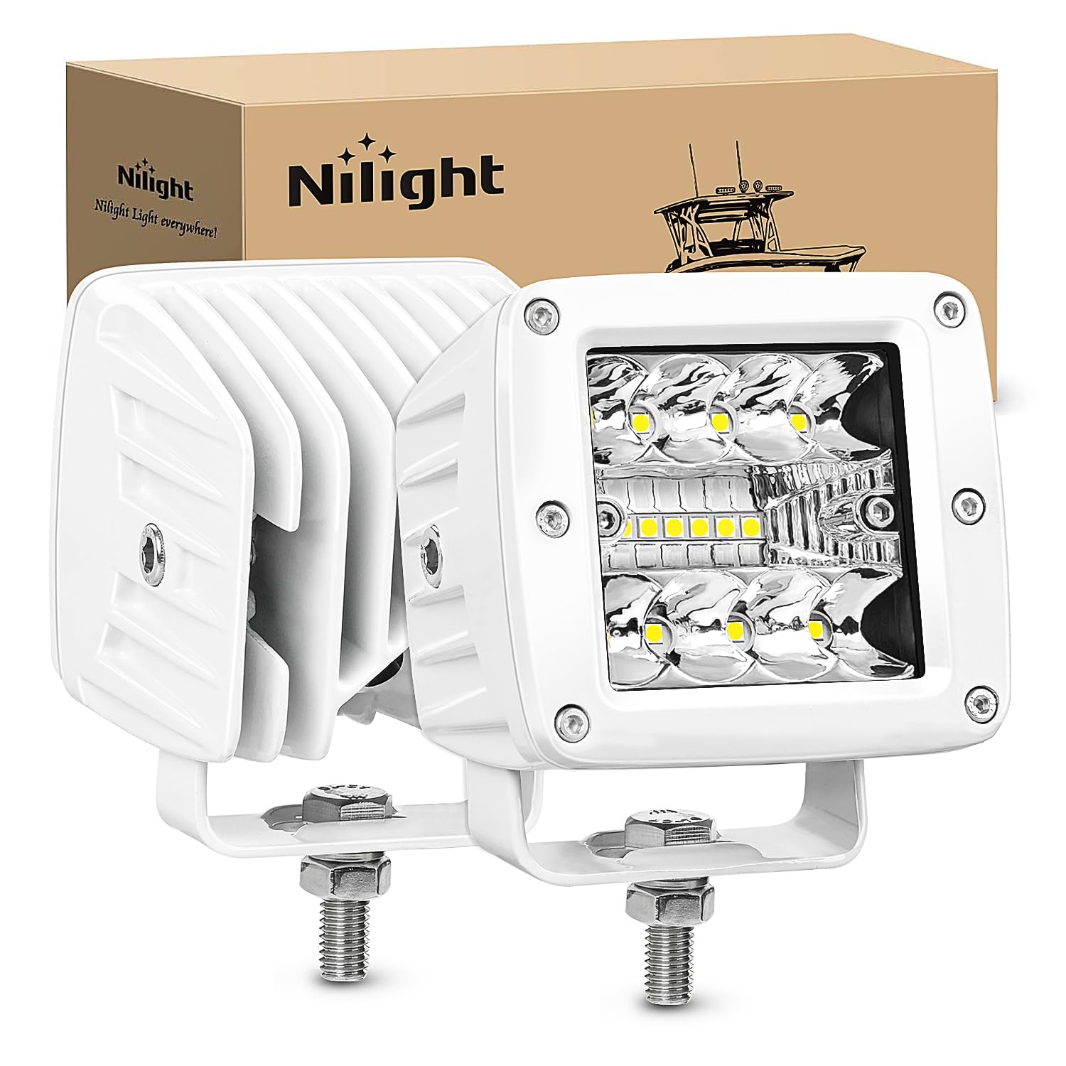 Nilight marine LED light pods with 3in white spot flood combo brighten night navigation