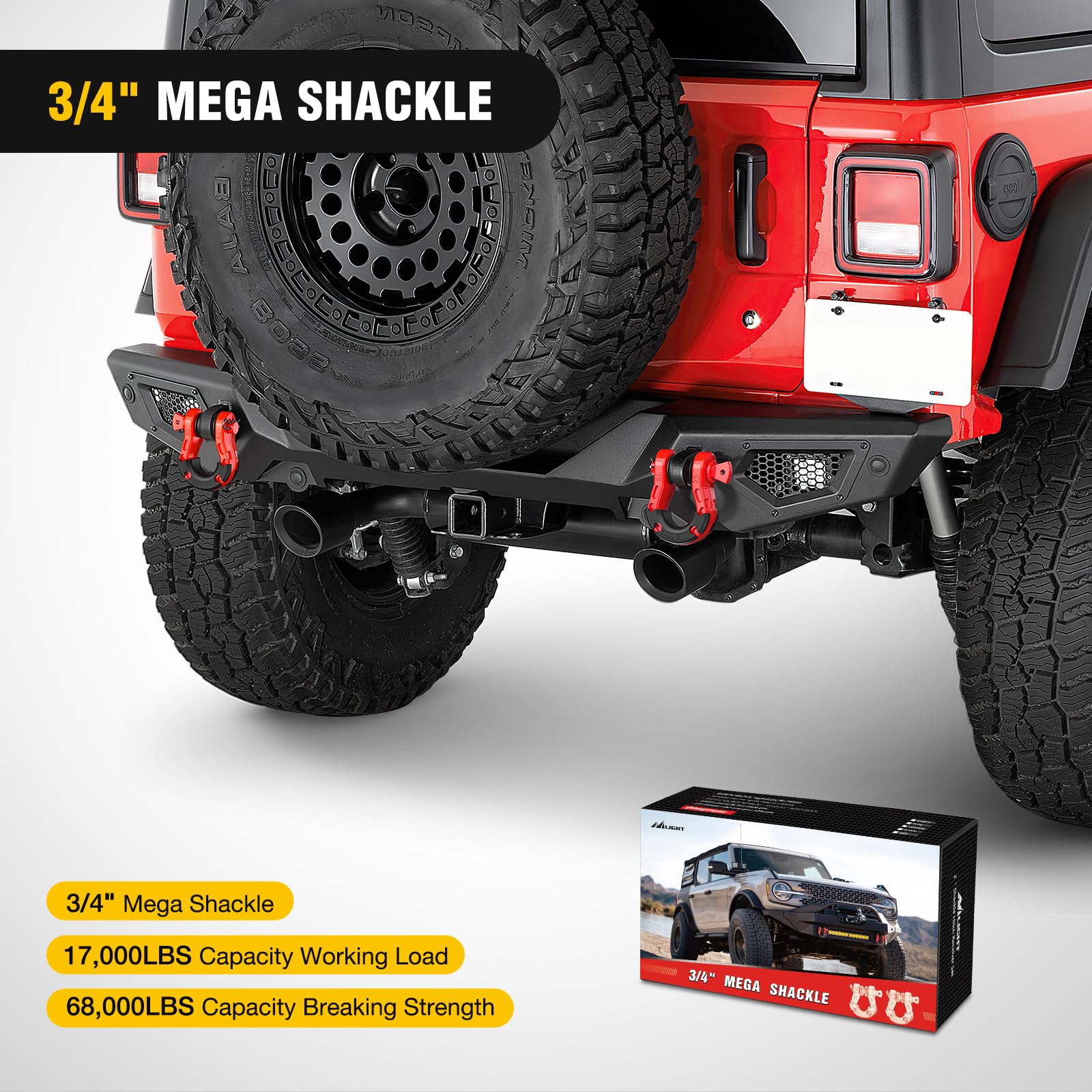 Nilight mega D-ring shackle on truck recovery point enables quick towing.