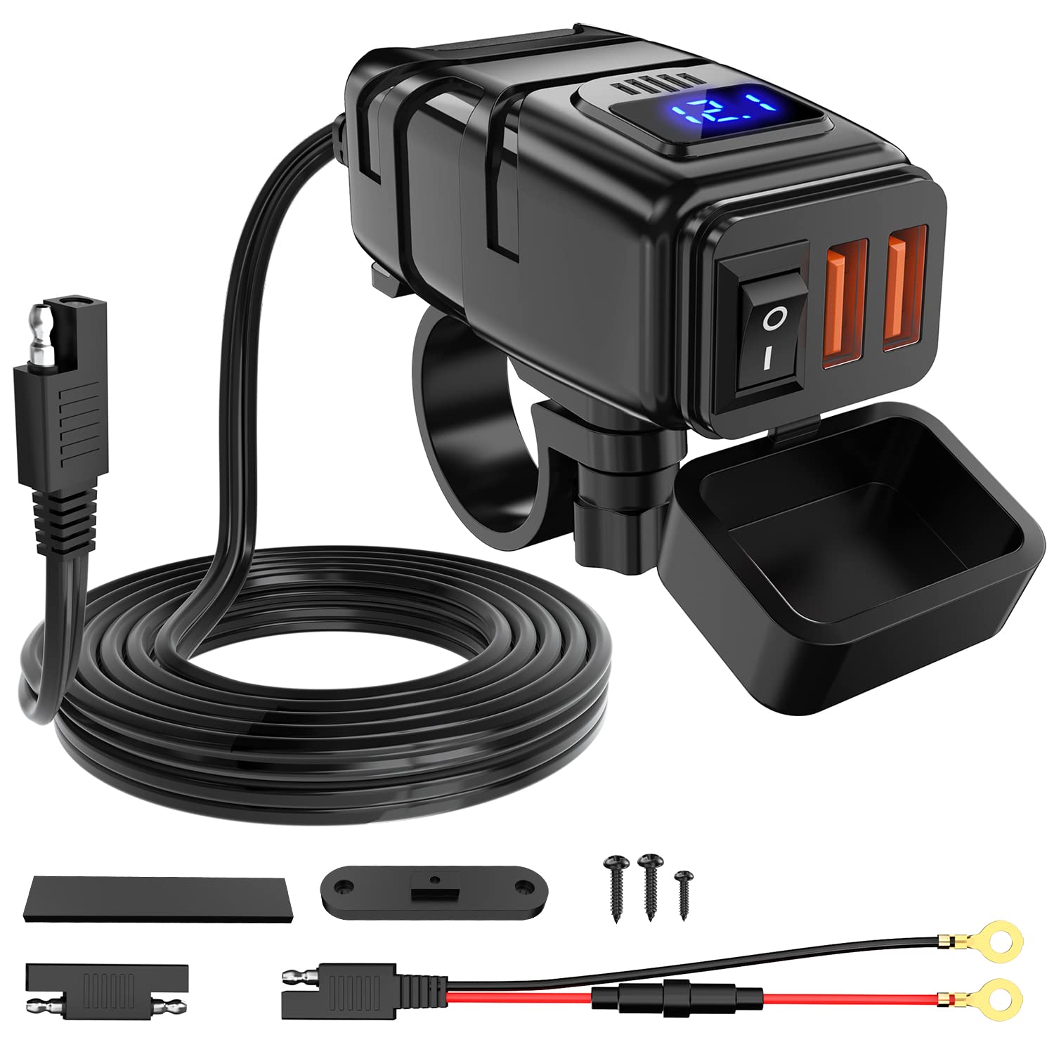 Nilight motorcycle charger voltmeter display tracks battery status during rides.