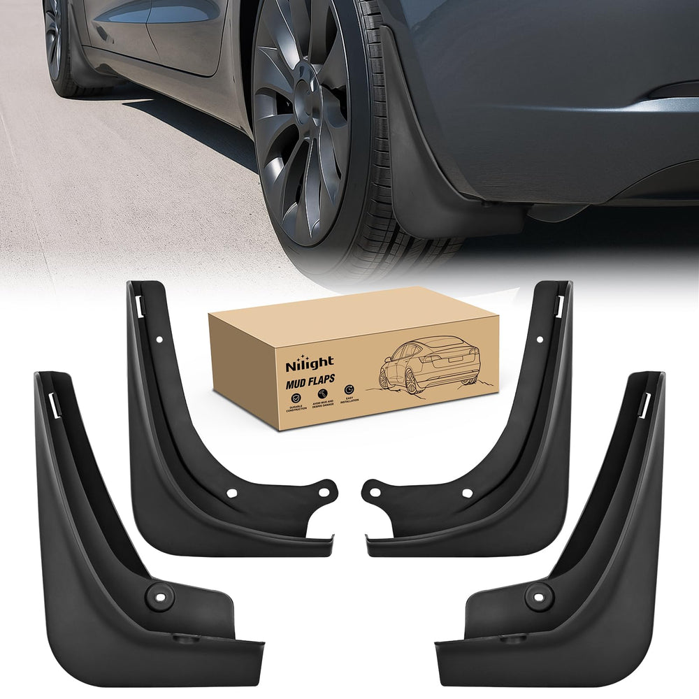 Nilight mud flaps on Tesla Model 3 front-left for precise fit and rugged style.