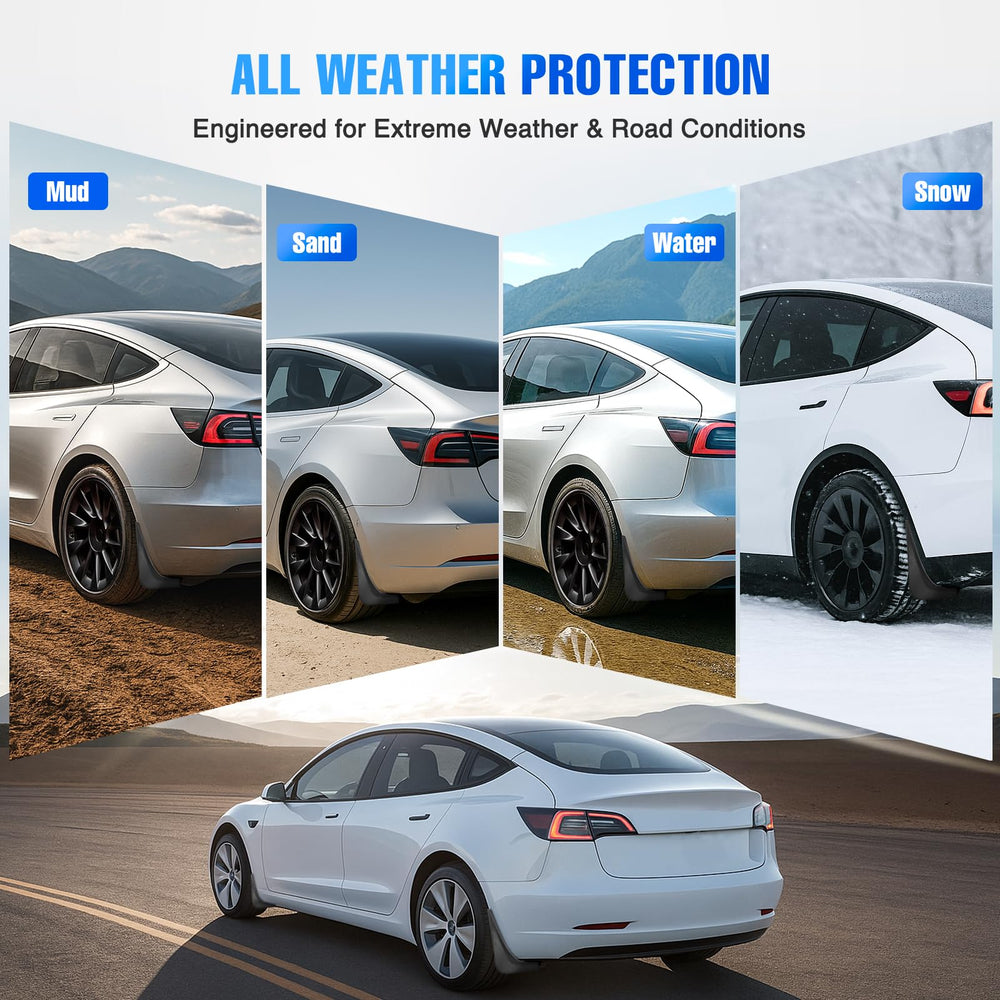 Nilight mud flaps on Tesla Model 3 rear-left guarding wheels from spray and debris.
