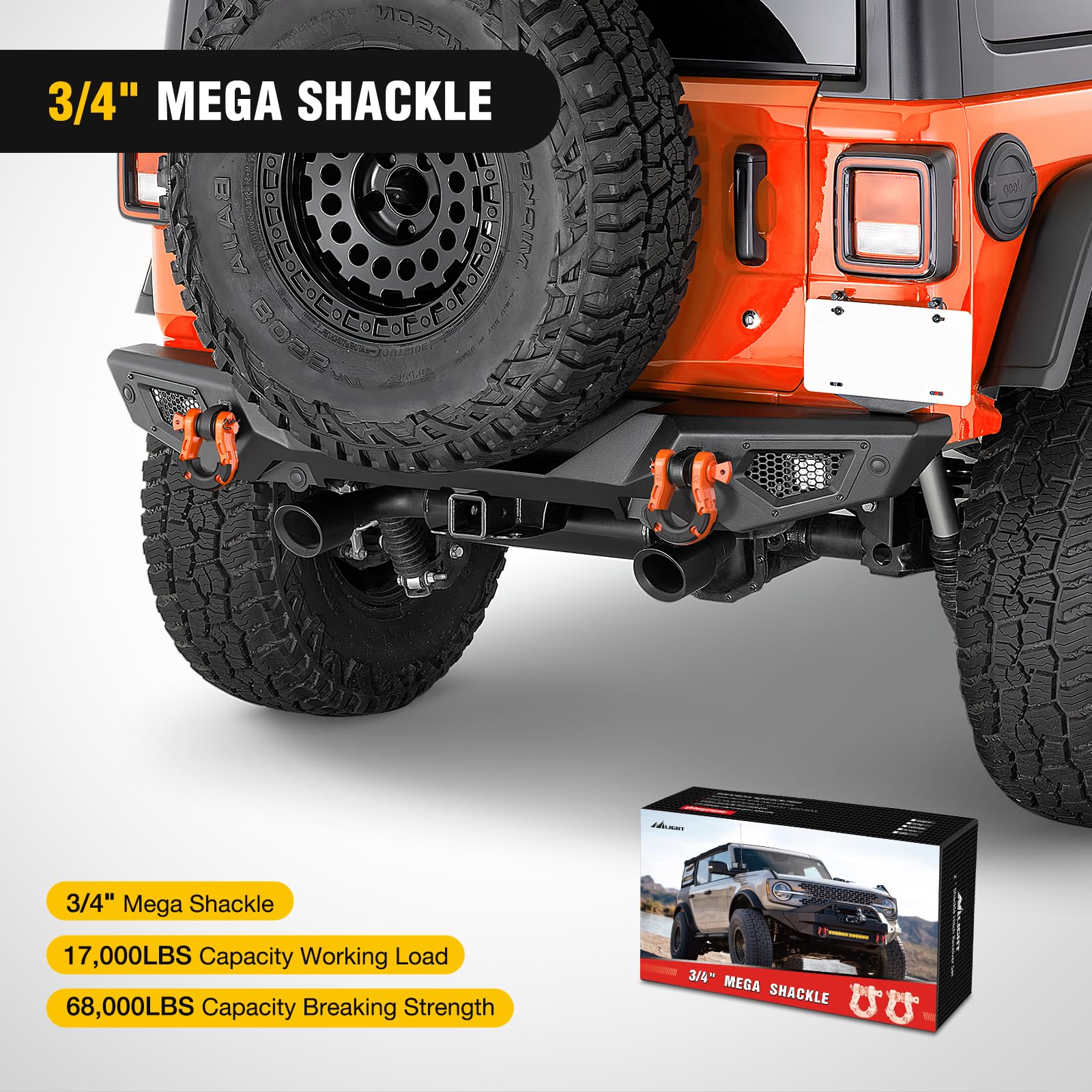 Nilight orange D-ring shackle emphasizes bold design for aggressive off-road styling.
