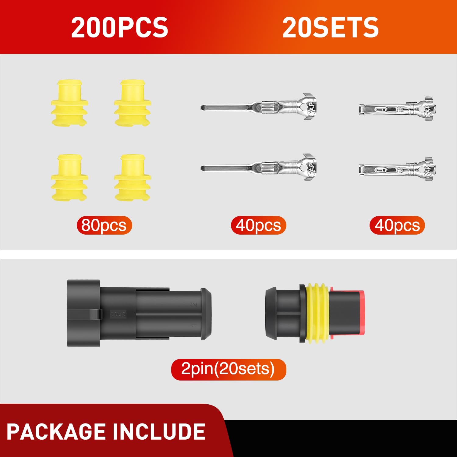 Nilight packaging contents showing 20x 2-pin male connectors and 40x terminals.