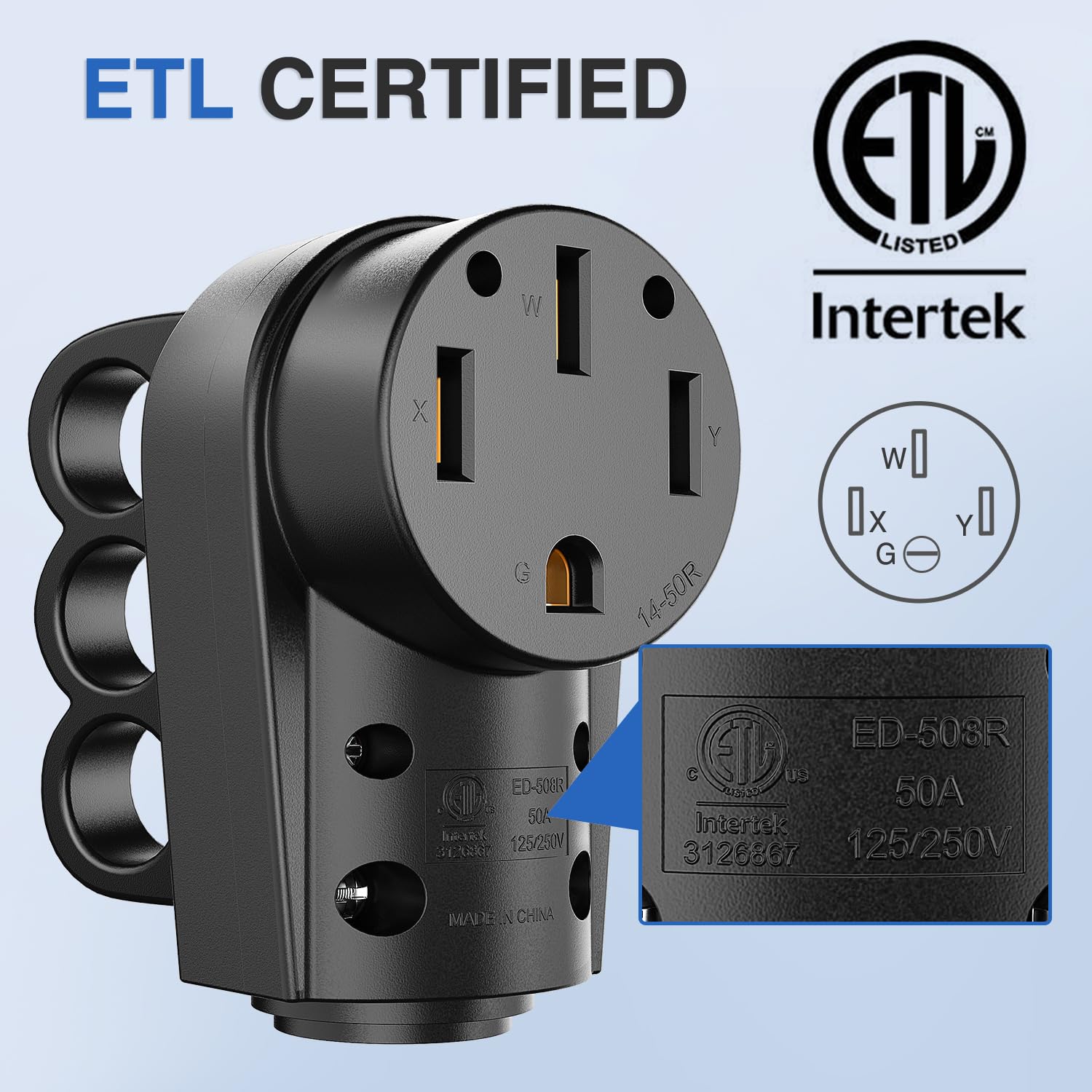 Nilight plug dimensions shown, designed to fit 10/3 STW 50A RV cord.