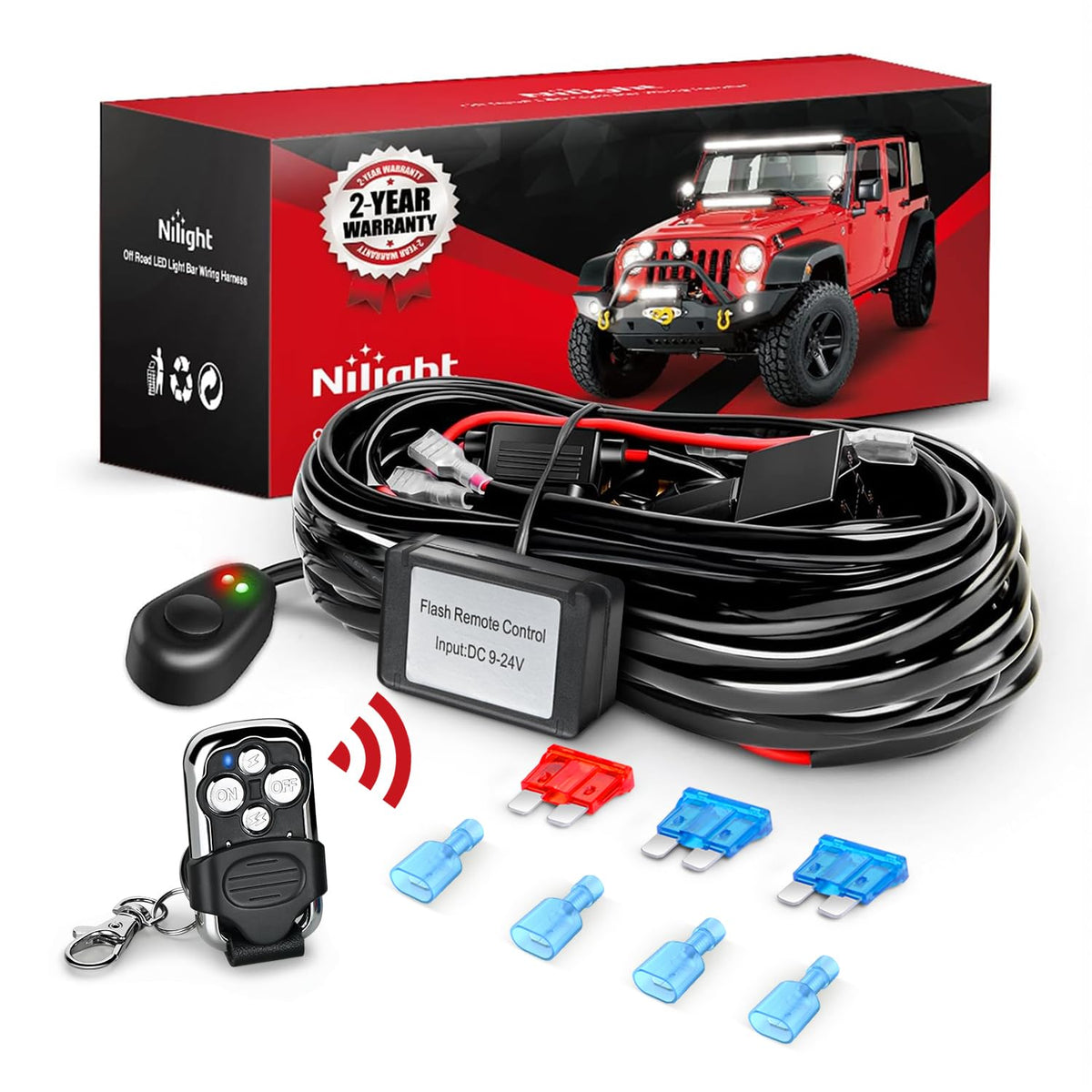 Nilight remote wiring harness with wireless controller for LED light bars, ideal for off-road control.