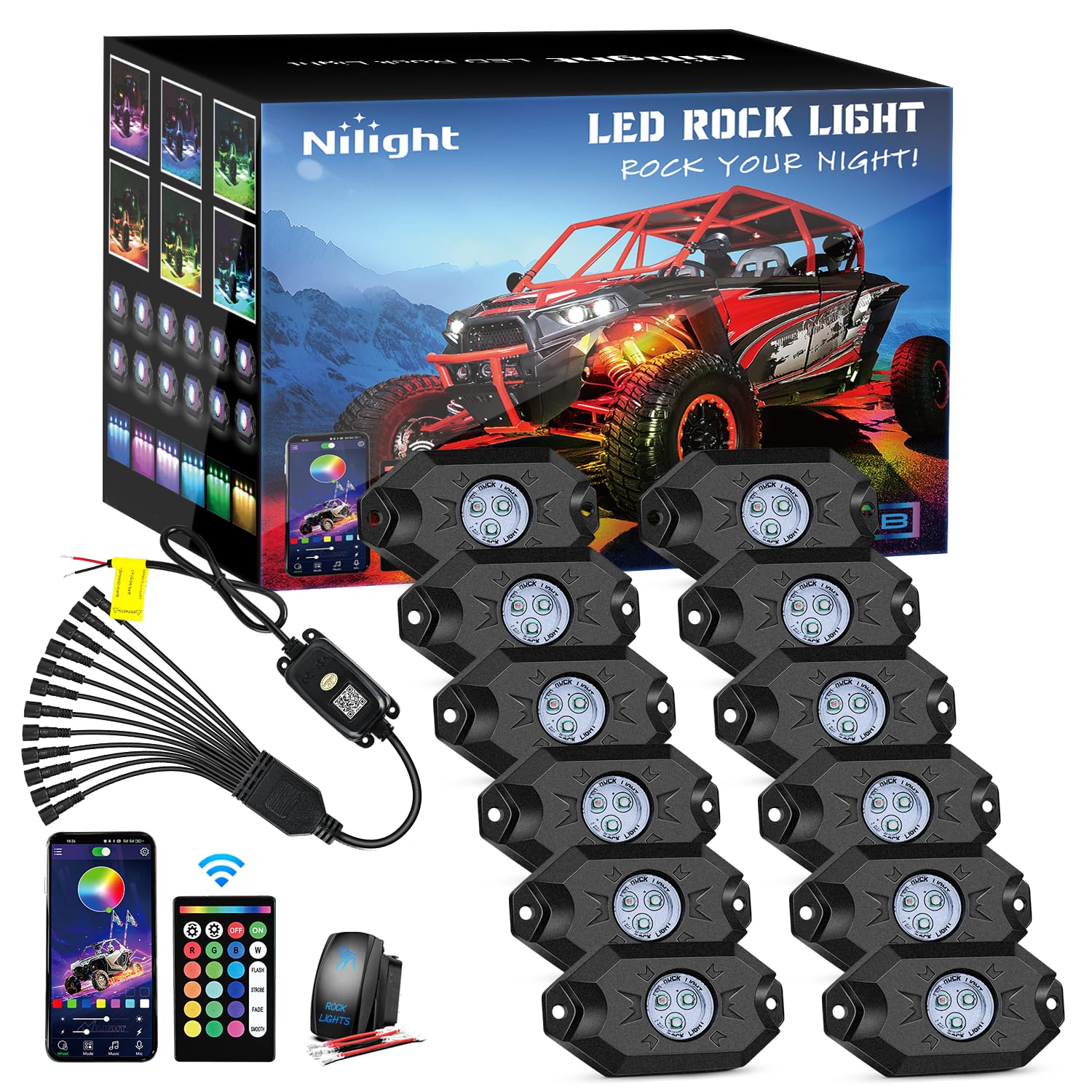 Nilight RGB LED rock lights 12-pod kit for bold exterior illumination.