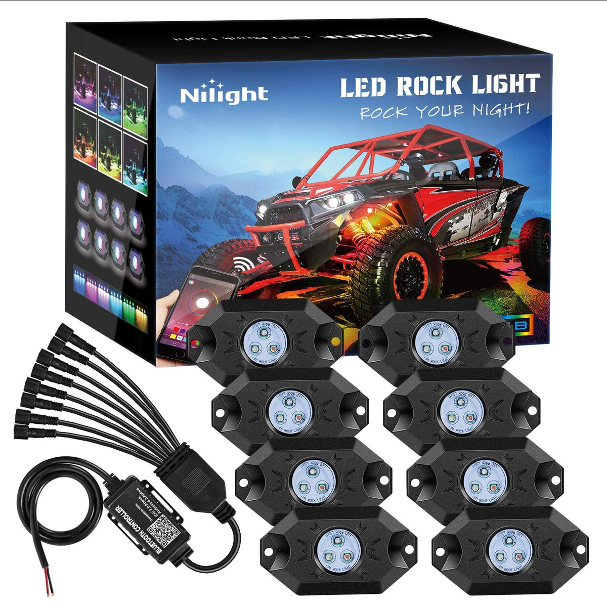 Nilight RGB Rock Lights Kit mounted on truck wheel well for bold exterior lighting