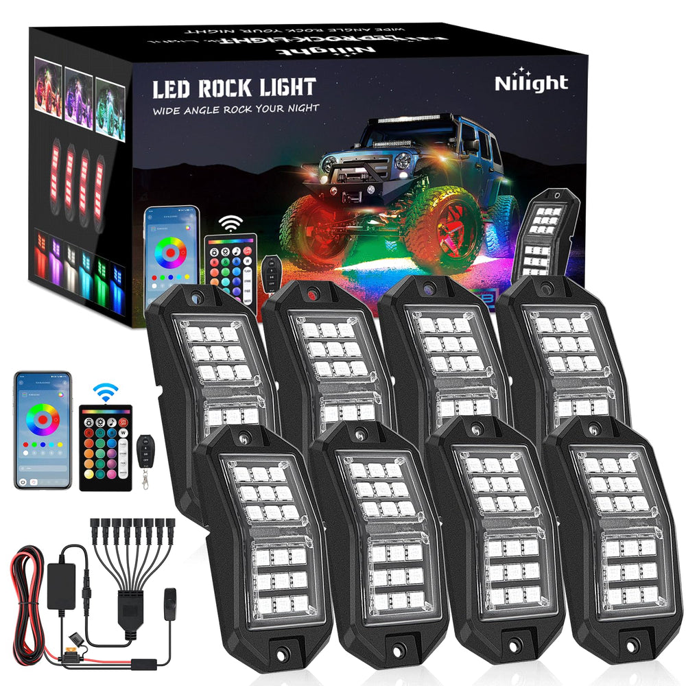 Nilight RGB Rock Lights kit front view showing vivid undercar glow