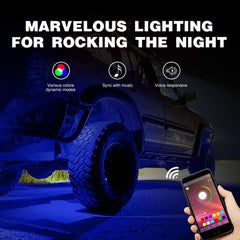 Nilight RGB Rock Lights Kit Bluetooth app control interface at night