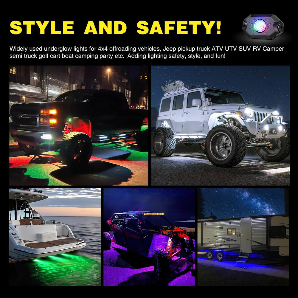 Nilight RGB rock lights kit packaging includes four lights and controller