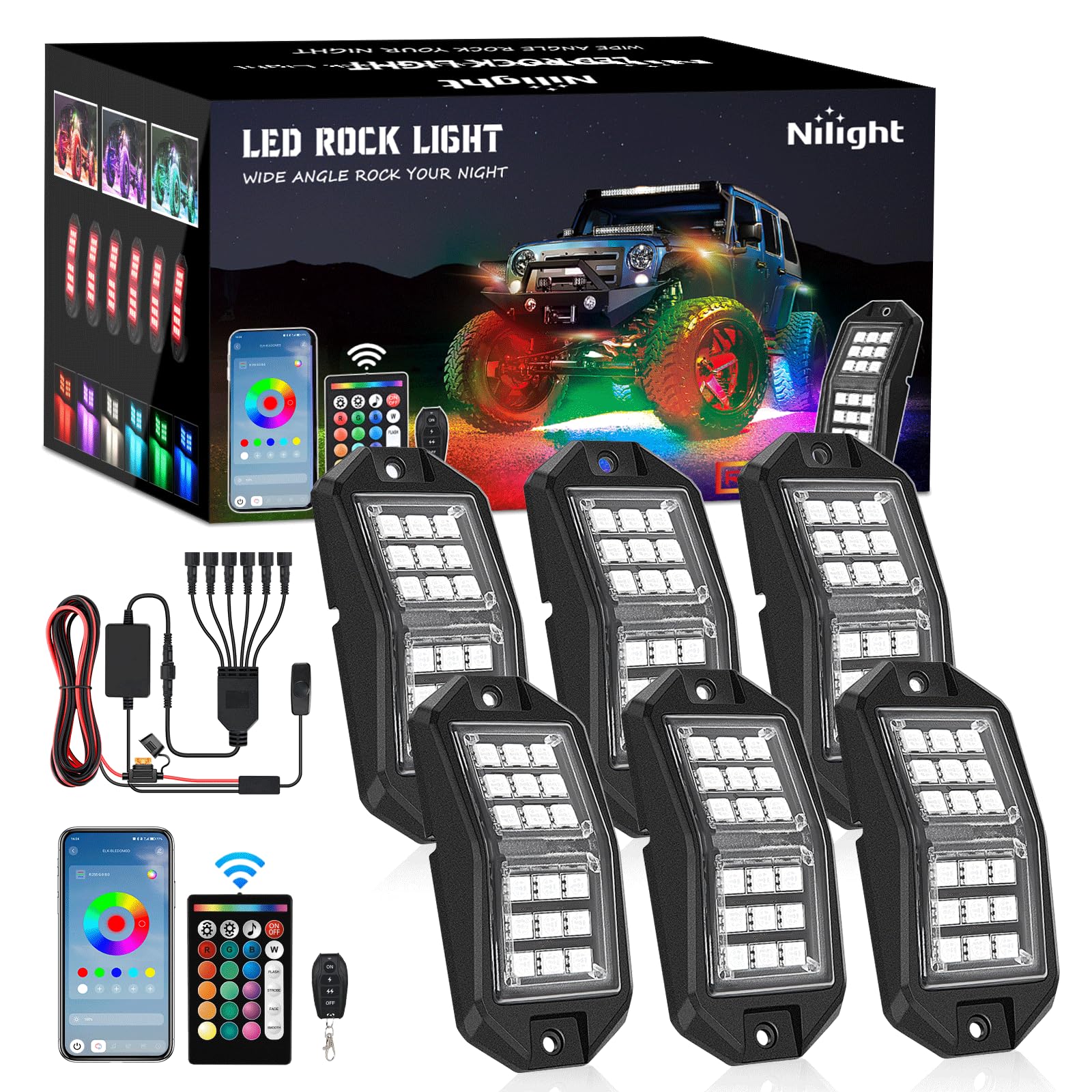 Nilight RGB rock lights illuminate wheel wells with a broad, vivid glow.