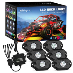 Nilight RGB Rock Lights kit front view with bold underglow for rugged vehicles.