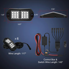 Nilight RGB rock lights shown with remote and Bluetooth control for color changes.