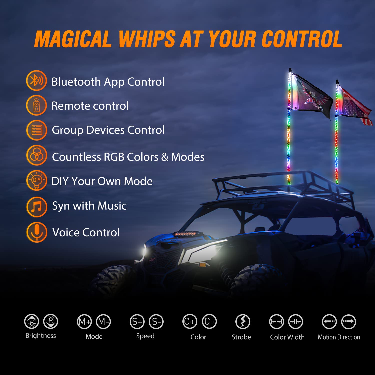 Nilight RGB whip light chasing modes syncs with music on trails