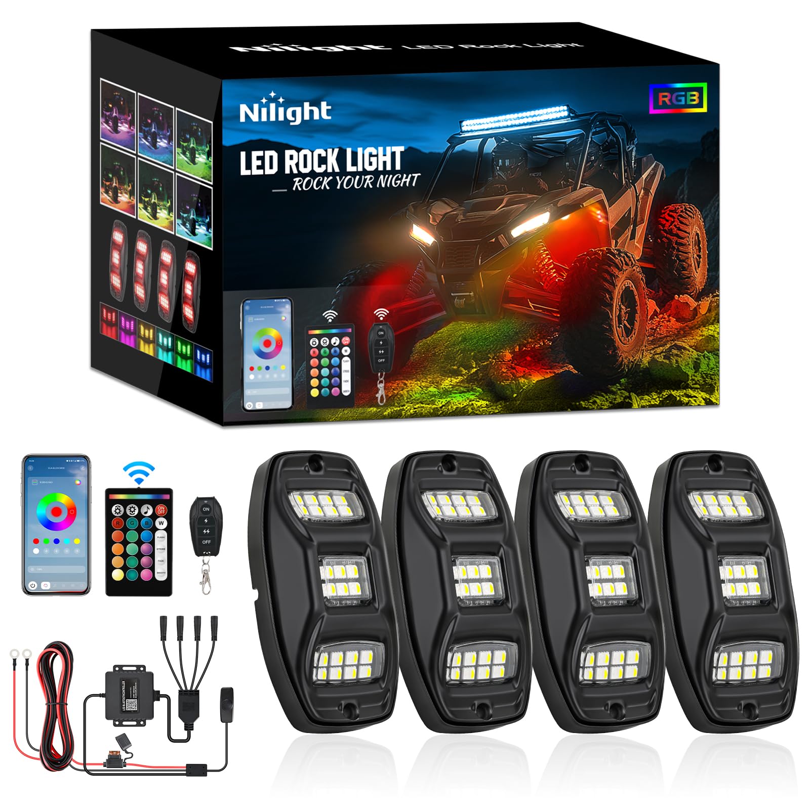 Nilight RGBW rock lights kit front view with vibrant undercar glow.