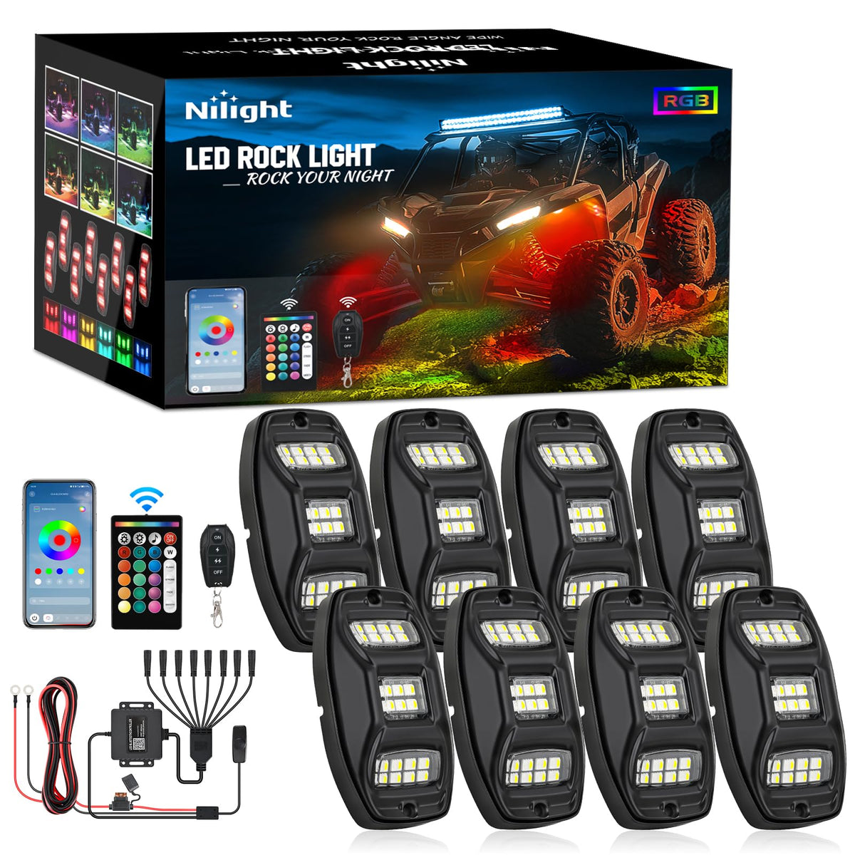 Nilight RGBW rock lights 8 pods illuminate undercarriage for off-road visibility