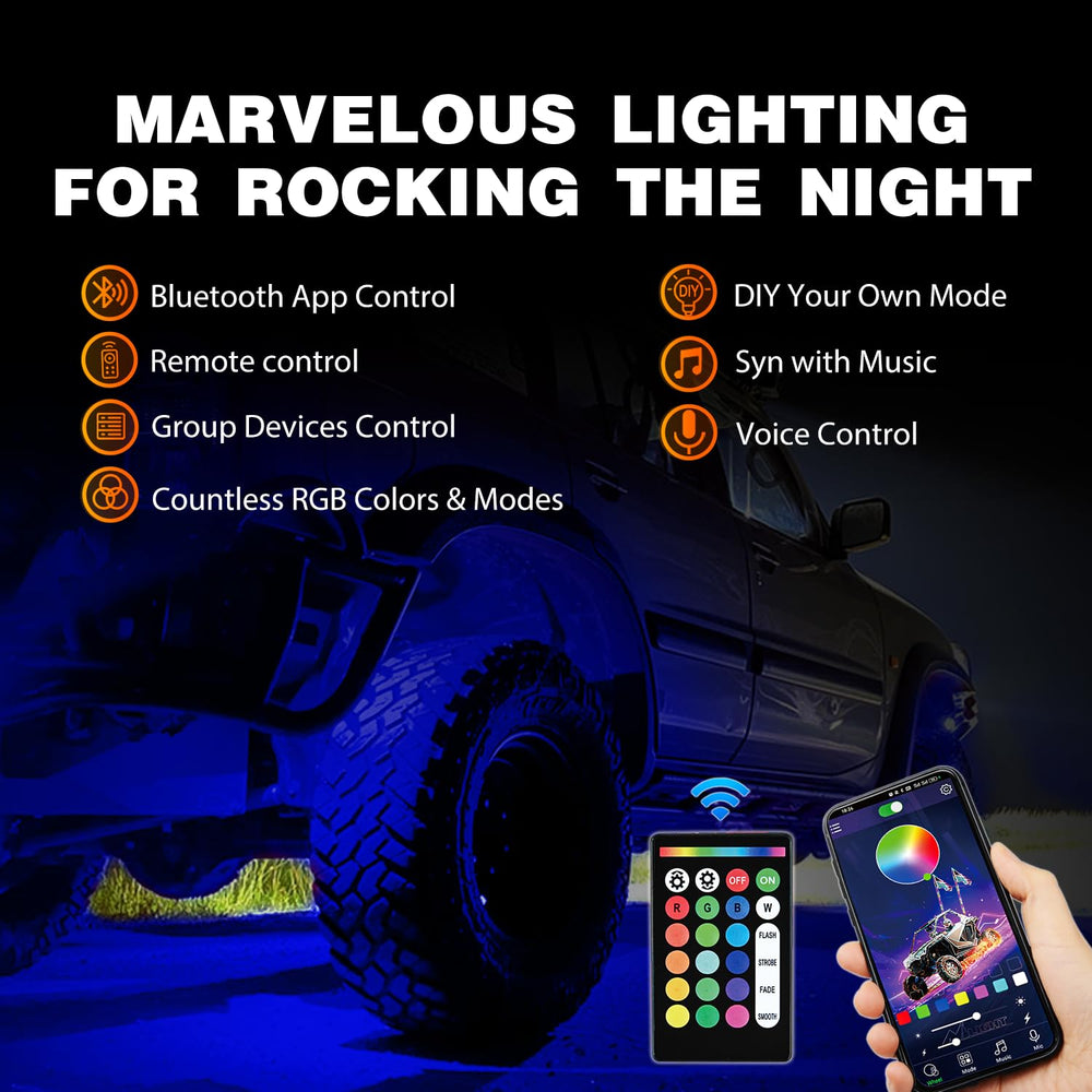 Nilight rock lights app and remote enable easy color changes.