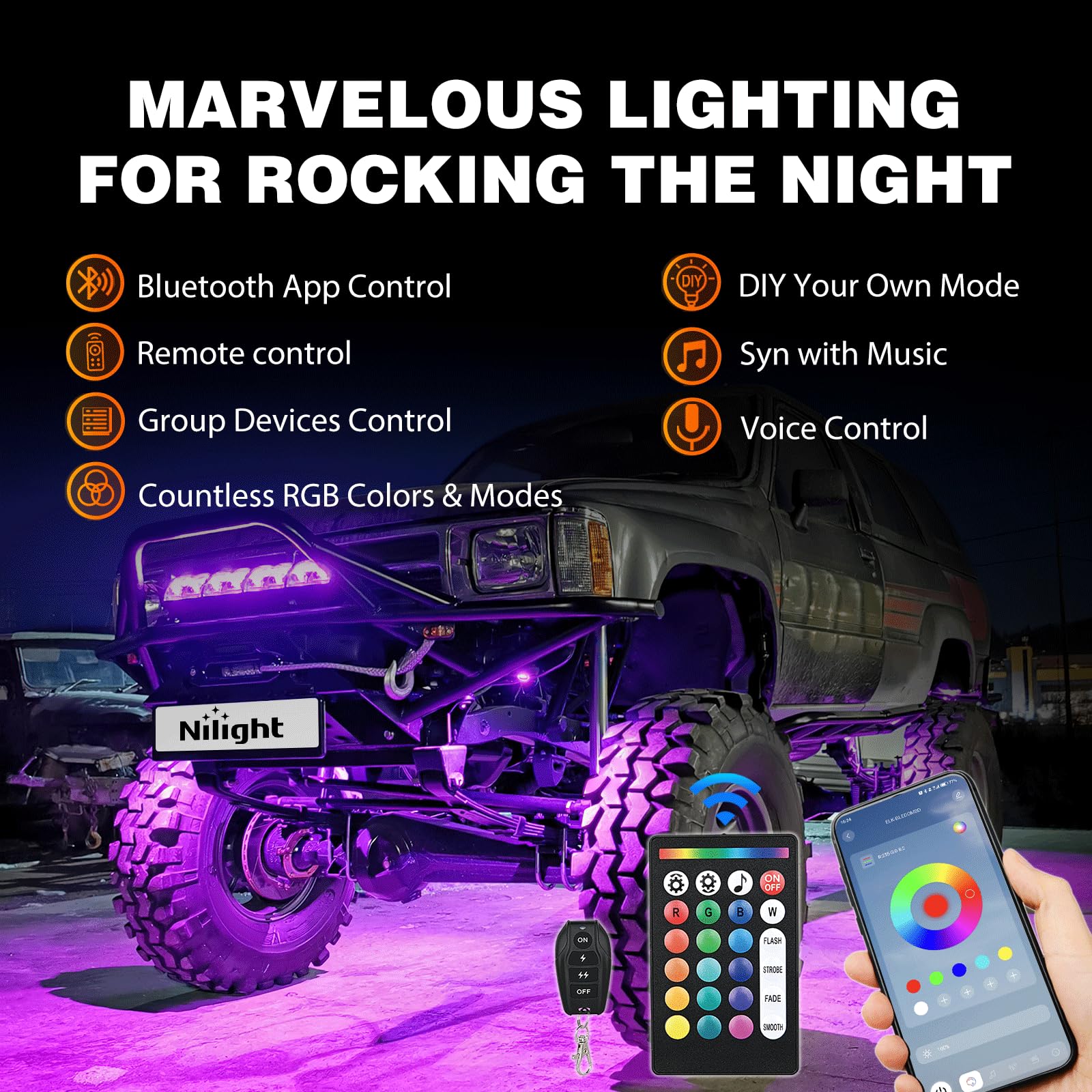 Nilight rock lights with Bluetooth app for music-synced underglow effects.