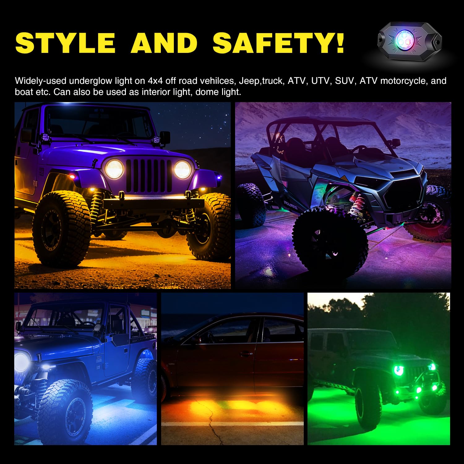 Nilight rock lights 9-32V DC operate across vehicles and boats.