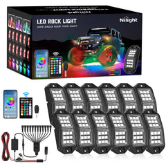 Nilight rock lights kit with 12 pieces and wide-angle LEDs for broader vehicle illumination.