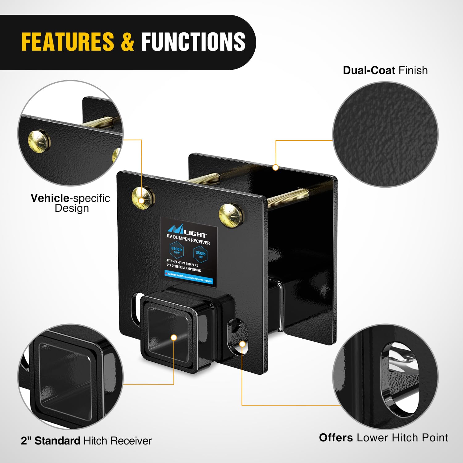 Nilight hitch supports up to 3,500 lbs gross weight for racks and carriers.