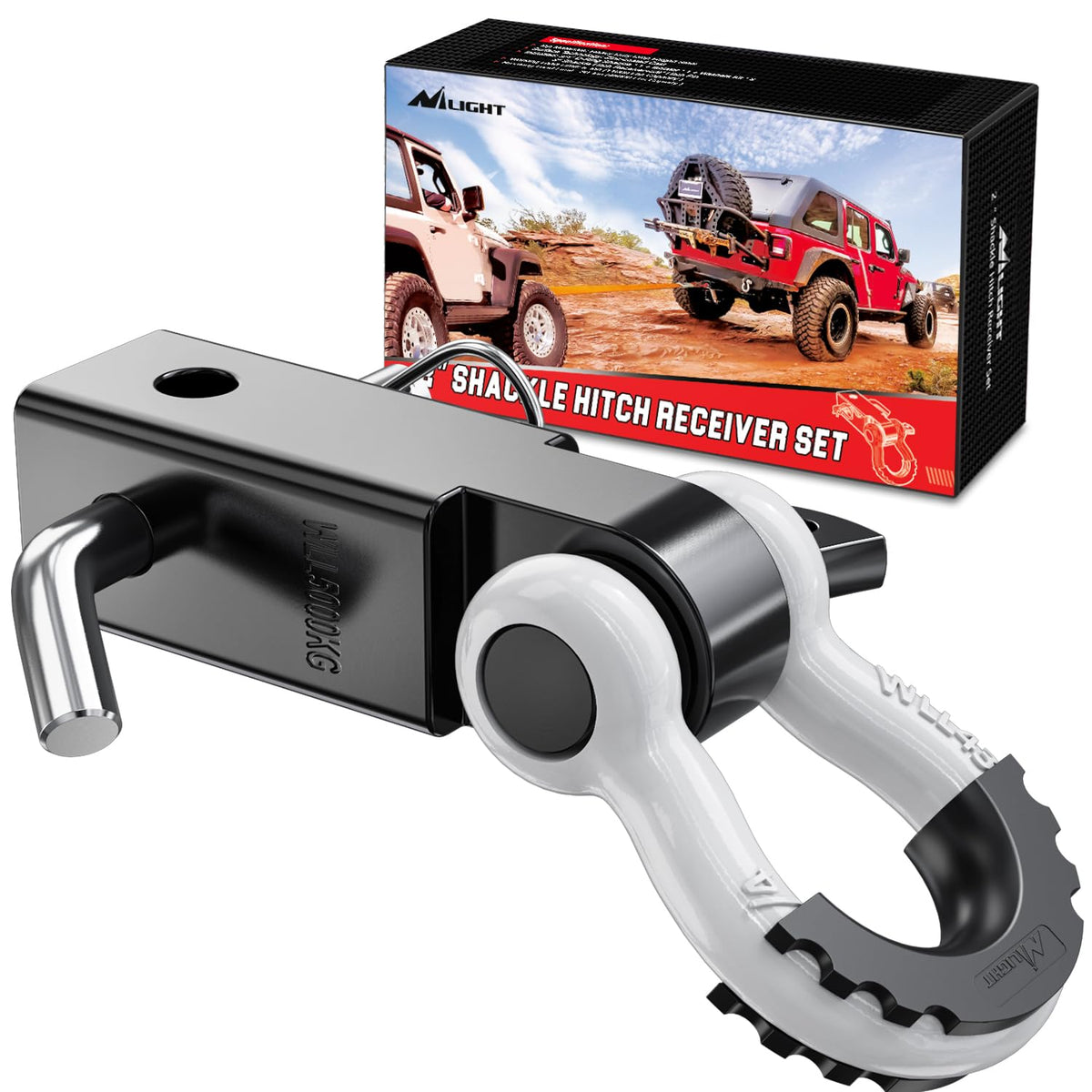 Nilight 2-inch shackle hitch receiver front view, rugged steel built for heavy-duty towing