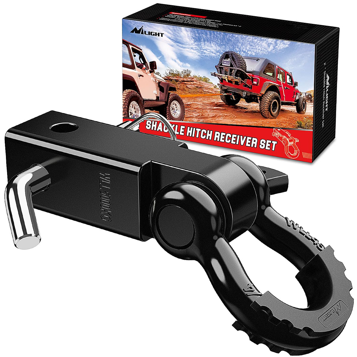 Nilight shackle hitch receiver 2-inch shows rugged build for heavy towing and recovery.