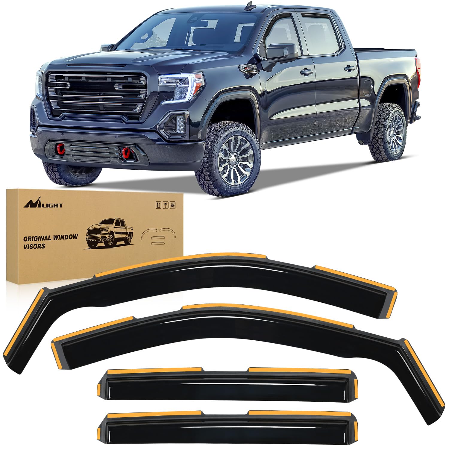 Nilight rain guards on Silverado 1500 Crew Cab side view for rain protection and airflow.