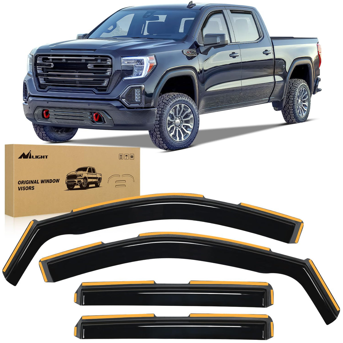 Nilight rain guards on Silverado 1500 Crew Cab side view for rain protection and airflow.