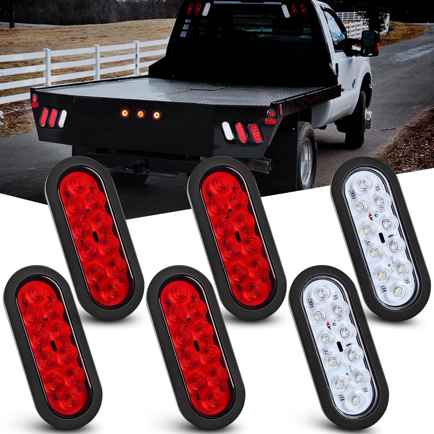 Nilight six-inch oval tail light front view with bright red and white LEDs for enhanced visibility.