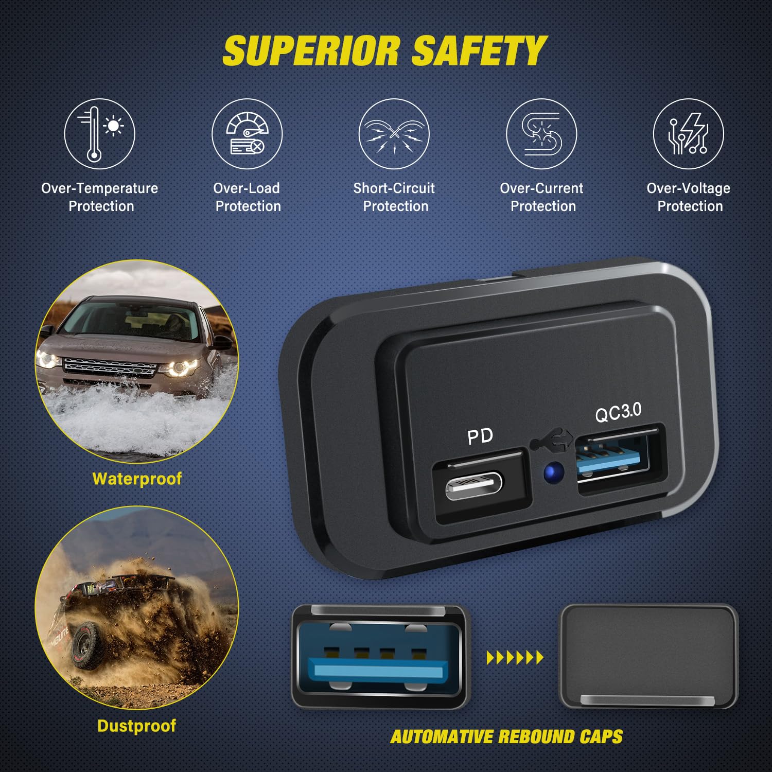 Blue indicator light helps locate the outlet in low light.