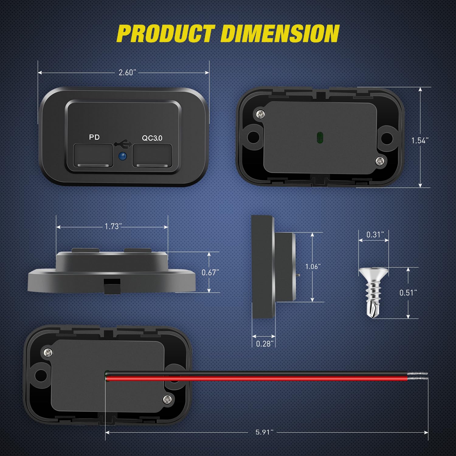 Nilight PD Type-C USB ports side view for versatile vehicle charging.