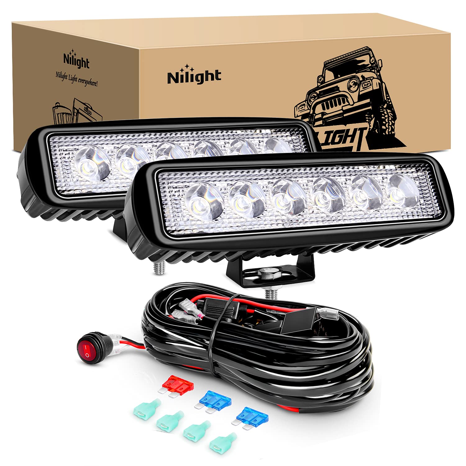 Nilight 18W spot LED work light front view for bright forward illumination.