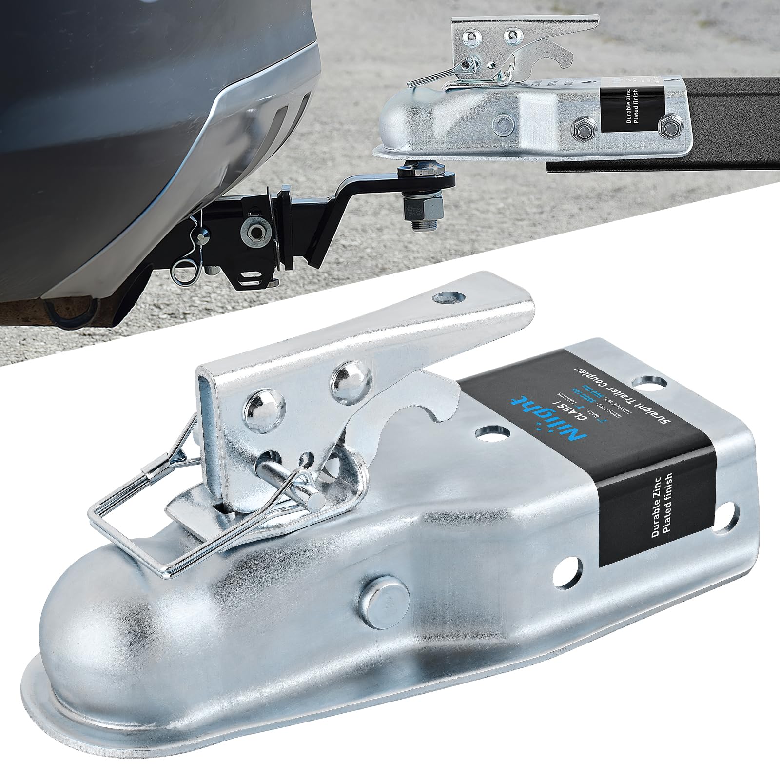 Nilight straight trailer coupler with latch ensures secure 1-7/8 in hitch ball.