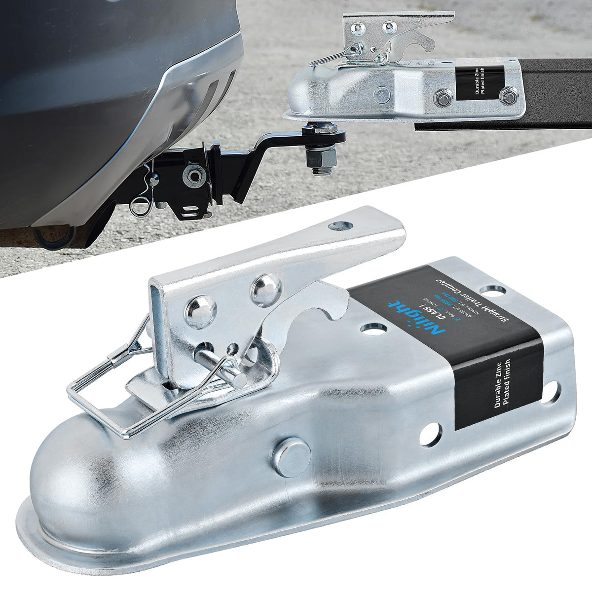 Nilight straight trailer coupler with latch ensures secure 1-7/8 in hitch ball.
