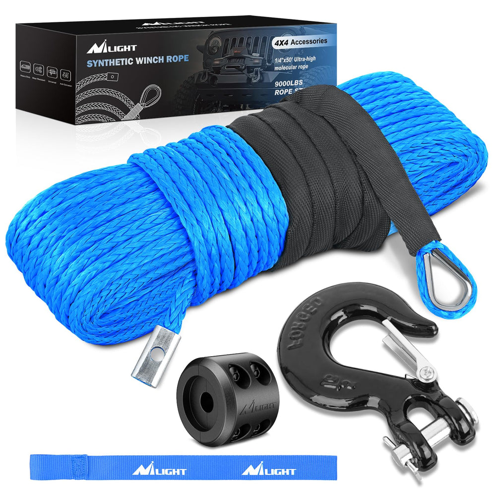 Nilight synthetic winch rope 50ft blue for rugged ATV recovery.