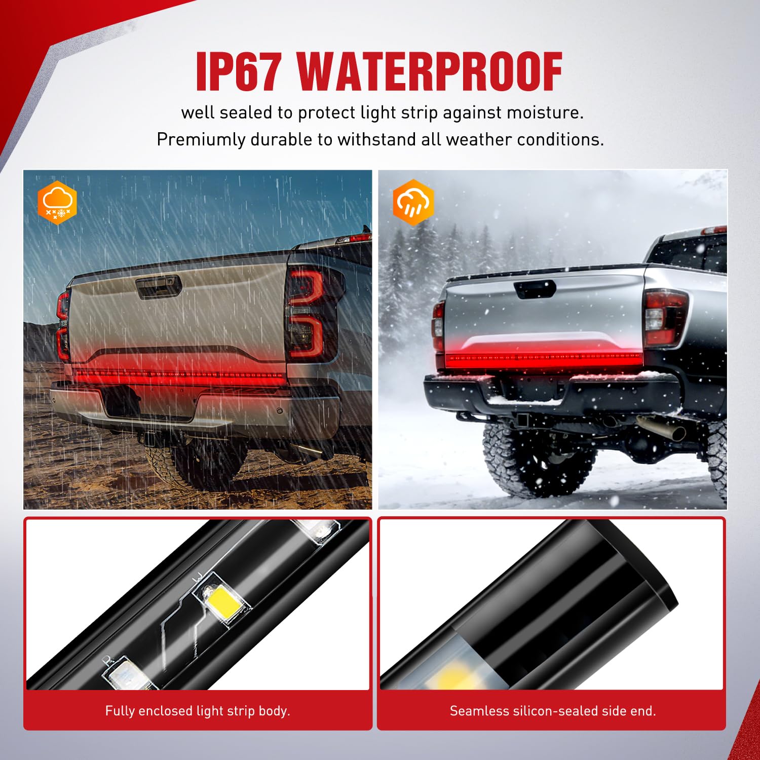 Nilight IP67 sealed housing protecting LEDs from rain, snow, and dust.