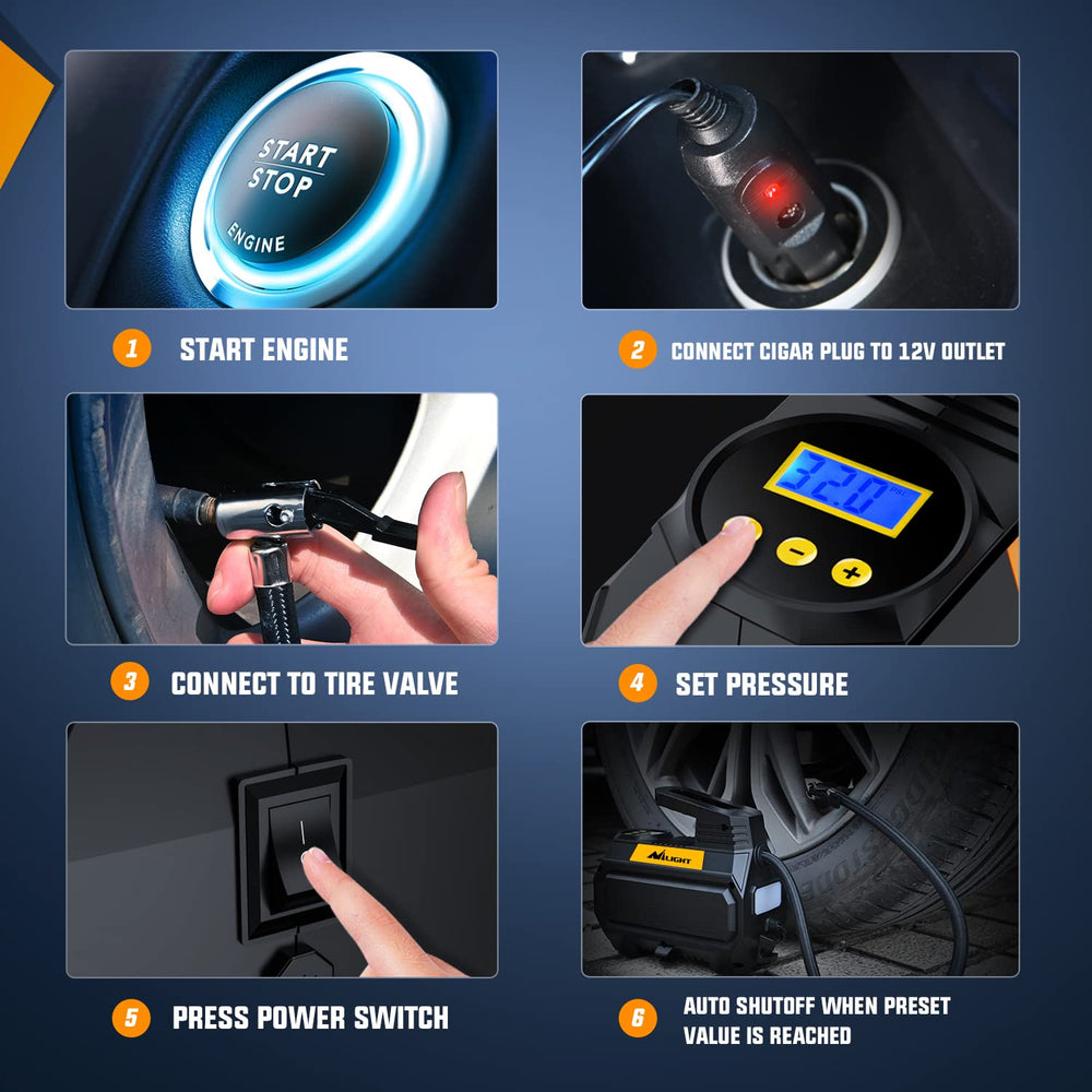Nilight inflates cars, bikes, and ATVs quickly and safely.