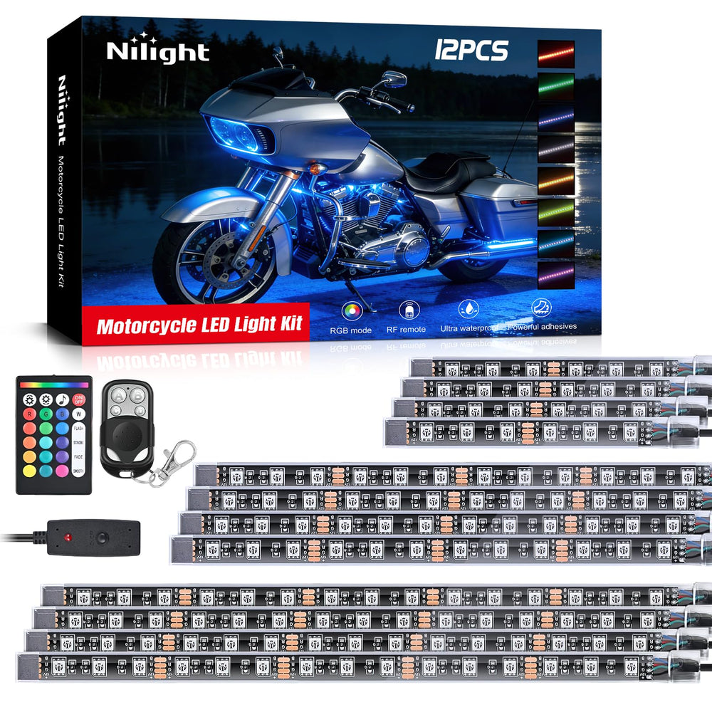 Nilight TL-35 RGB LED kit installed on motorcycle with vivid color options