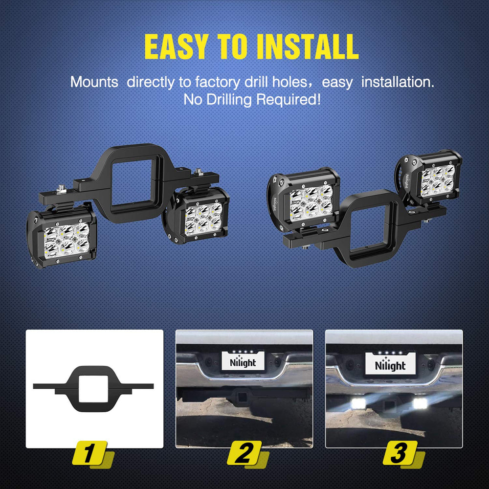 Nilight tow hitch bracket mounting point detail enables quick LED pod setup.