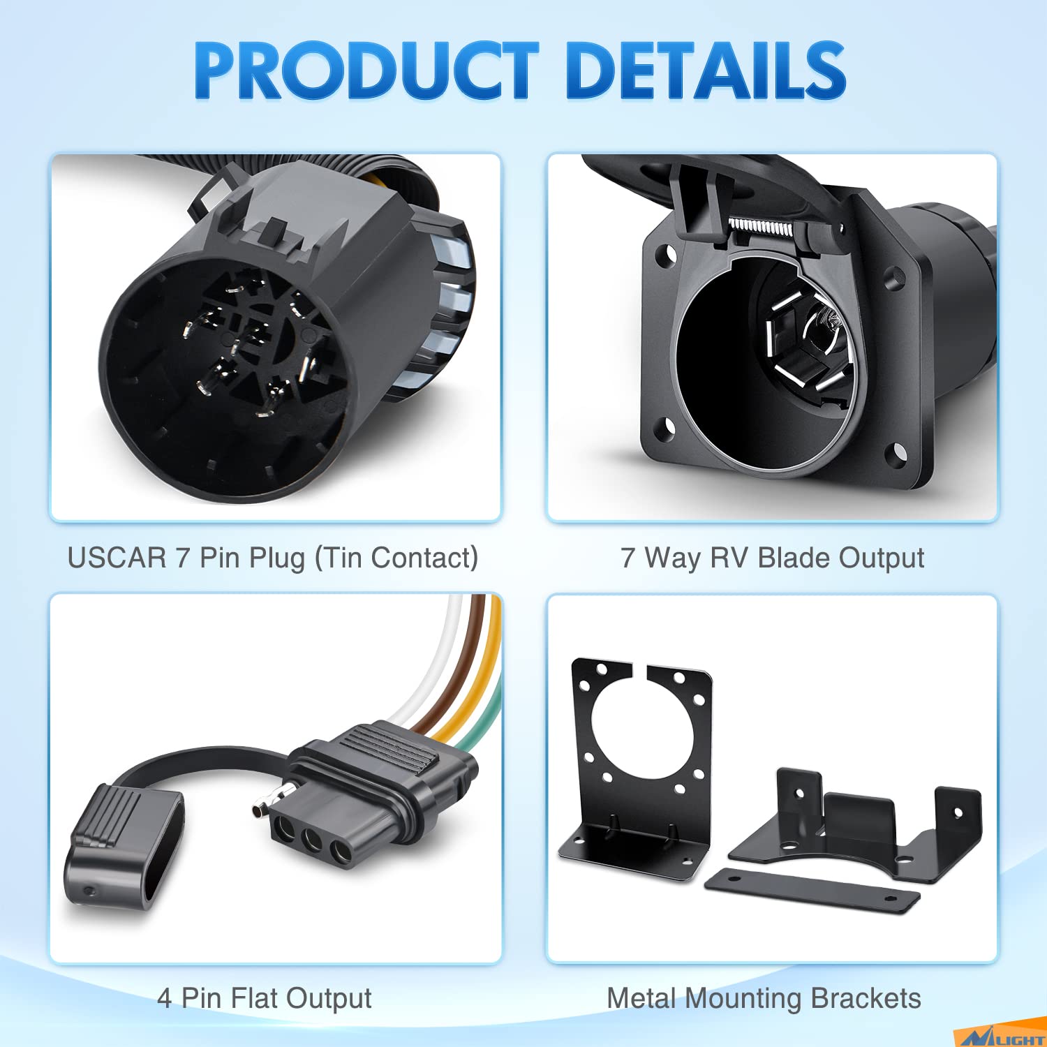 Nilight trailer harness 4-pin to 7-pin supports mixed connector setups.