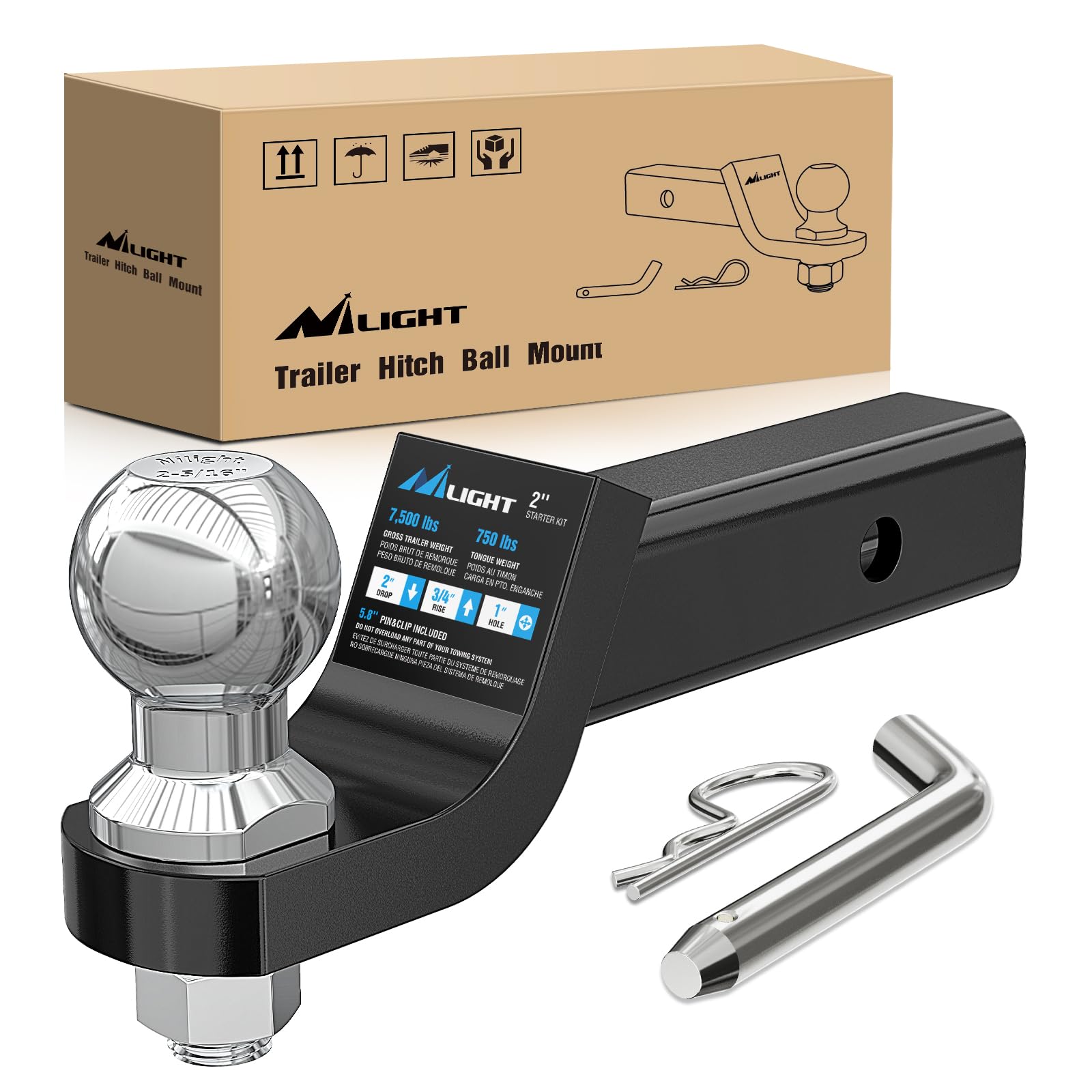 Nilight trailer hitch ball mount with 2-5/16 inch ball for 2-inch receivers, up to 7,500 lbs.